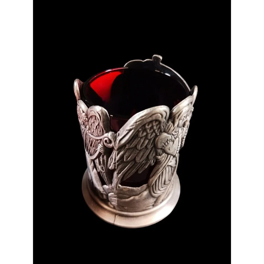 Pewter & Red Glass Votive Candle Holder Angels w/Musical Instruments 3